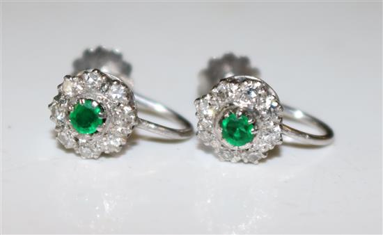 Pair 18ct white gold, emerald and diamond cluster earrings